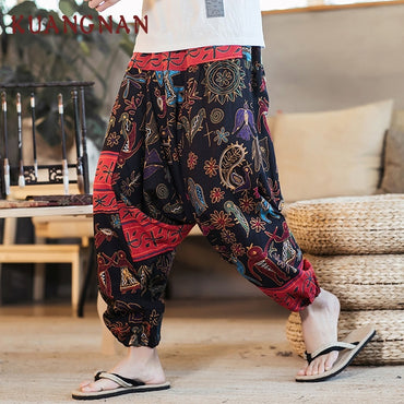 Cotton Linen Wide Leg Pants Men Joggers