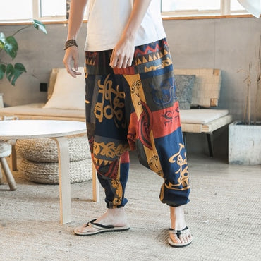 Cotton Linen Wide Leg Pants Men Joggers
