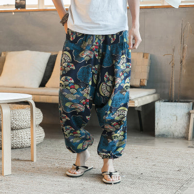 Cotton Linen Wide Leg Pants Men Joggers