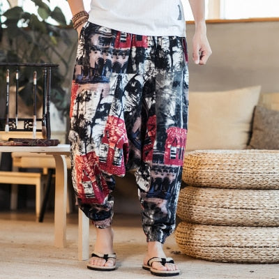 Cotton Linen Wide Leg Pants Men Joggers
