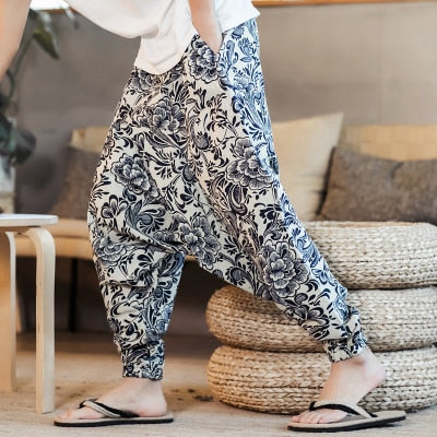 Cotton Linen Wide Leg Pants Men Joggers