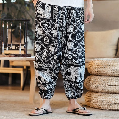 Cotton Linen Wide Leg Pants Men Joggers