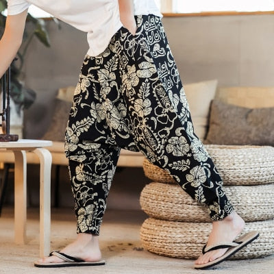 Cotton Linen Wide Leg Pants Men Joggers