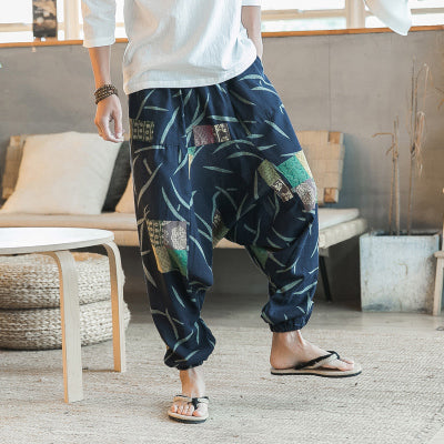Cotton Linen Wide Leg Pants Men Joggers
